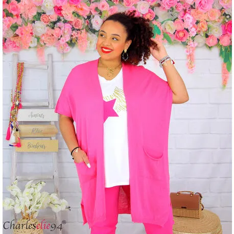 Gilet long LUCIANO coton femme grande taille ete fuchsia