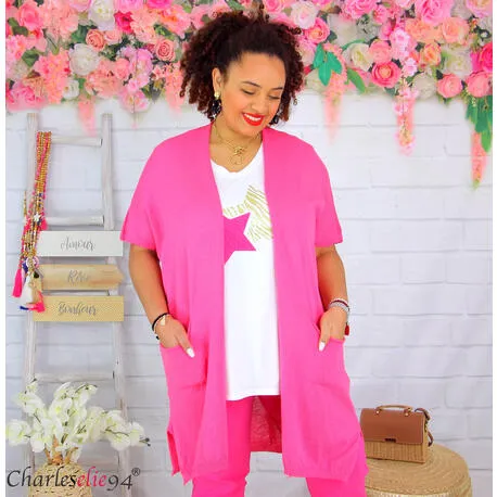 Gilet long LUCIANO coton femme grande taille ete fuchsia