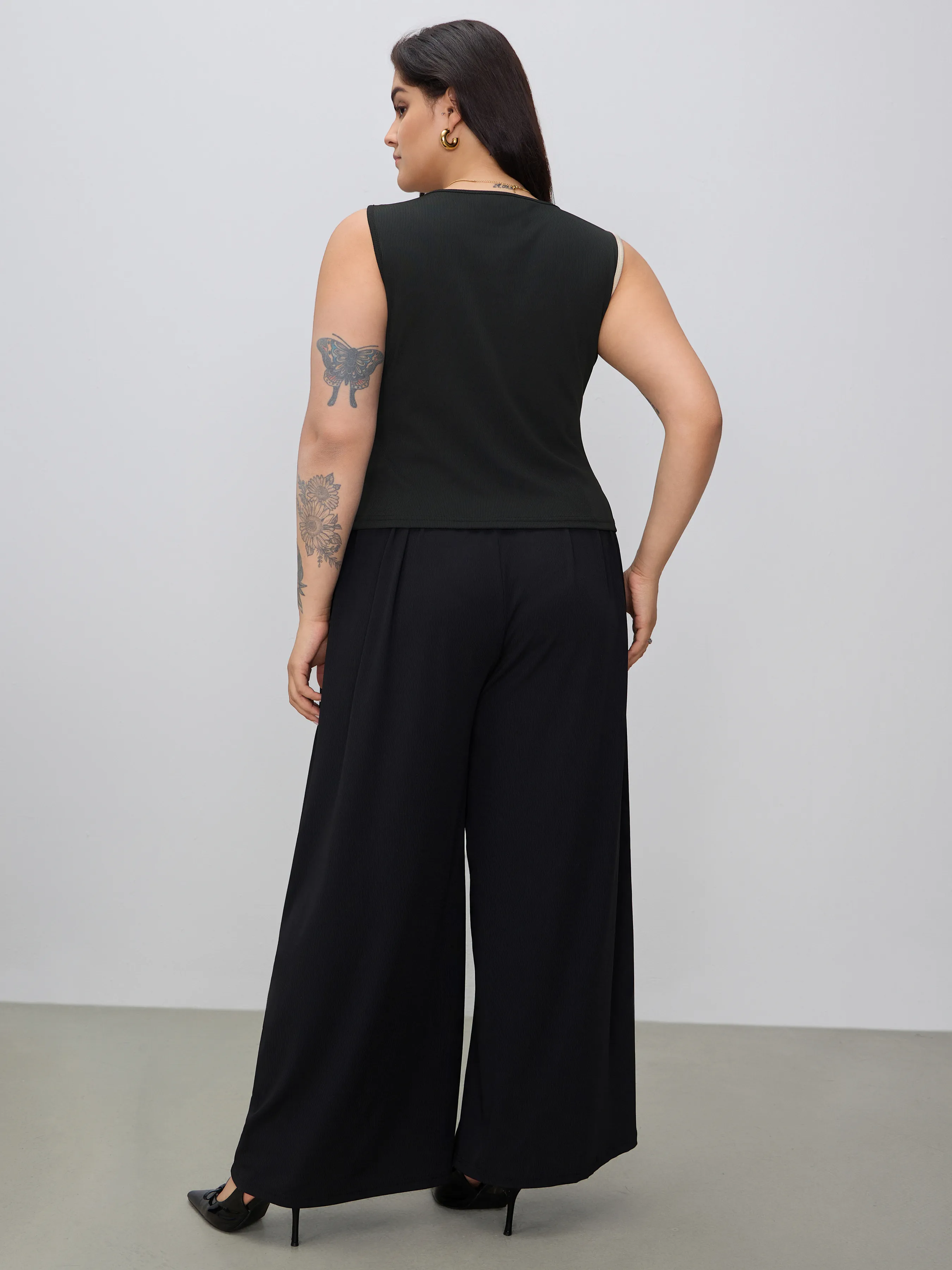  Haut à col rond contrastant & Pantalons à taille élastique solide avec cordon de serrage Curve & Plus