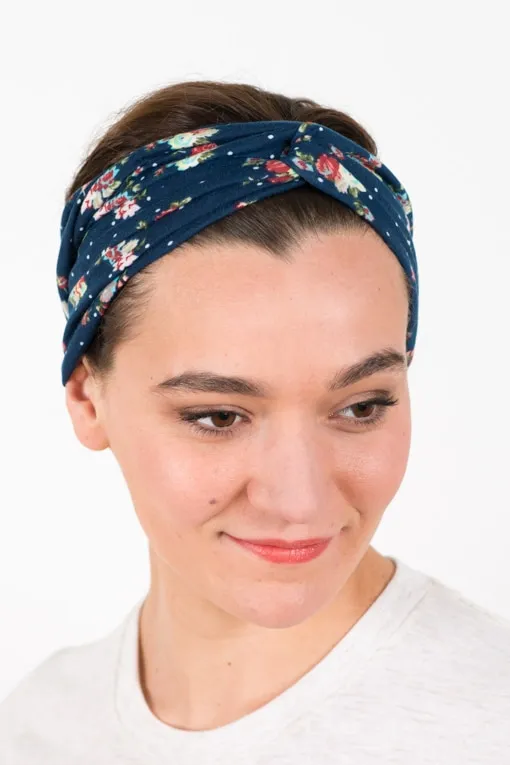 Headband élastique à fleurs liberty bleu marine