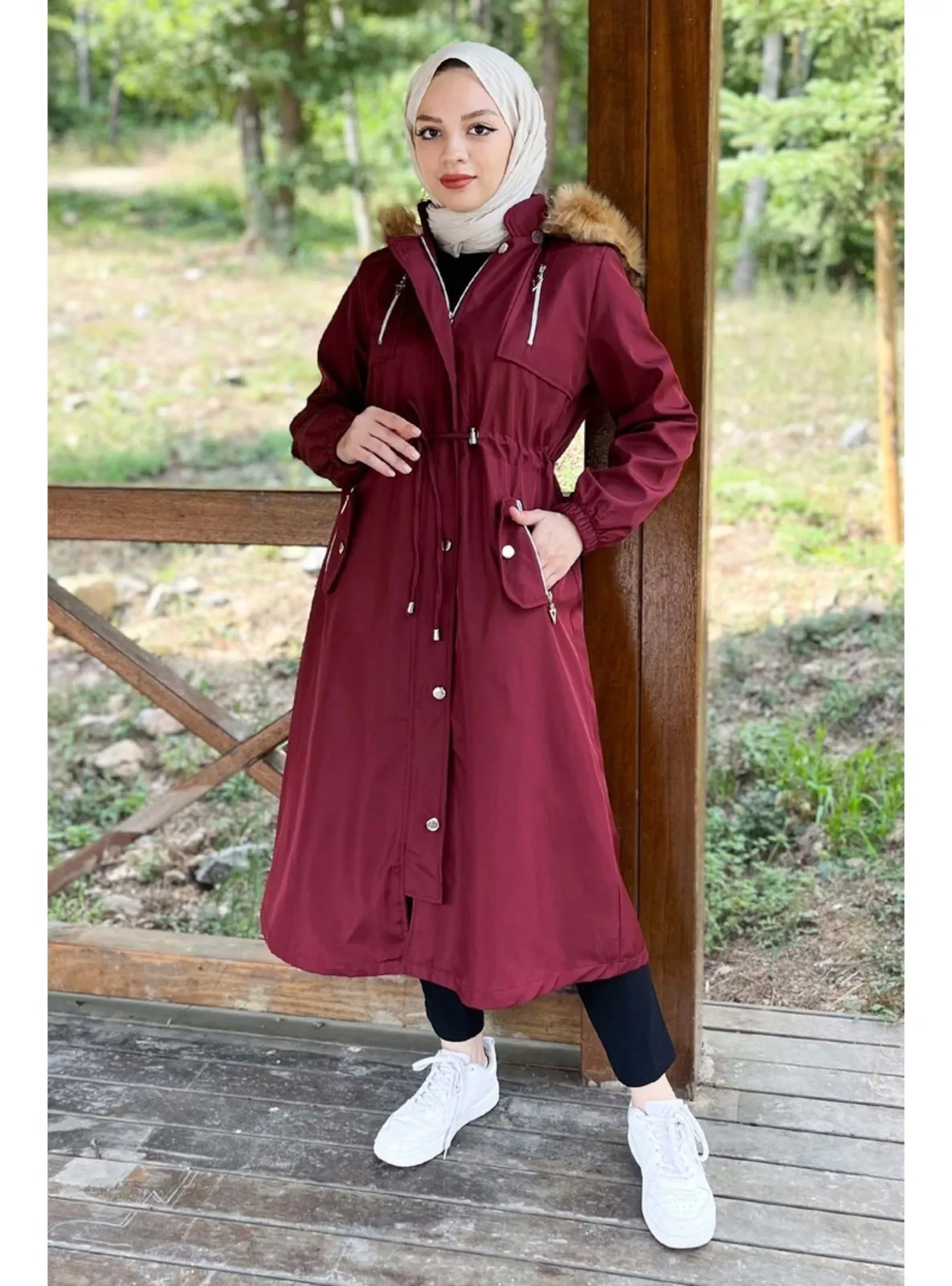Hooded Zippered Coat Burgundy