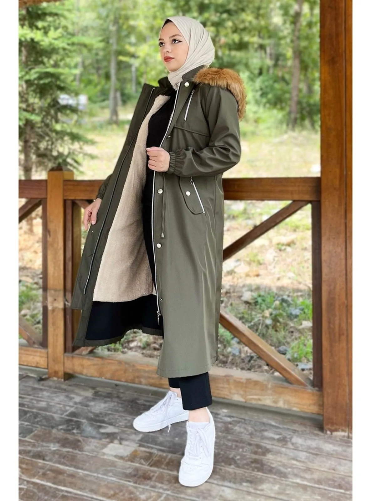Hooded Zippered Coat Khaki