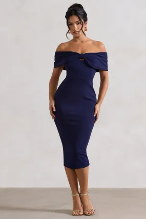 Hope | Robe mi-longue bleu marine avec noeud et décolleté bardot