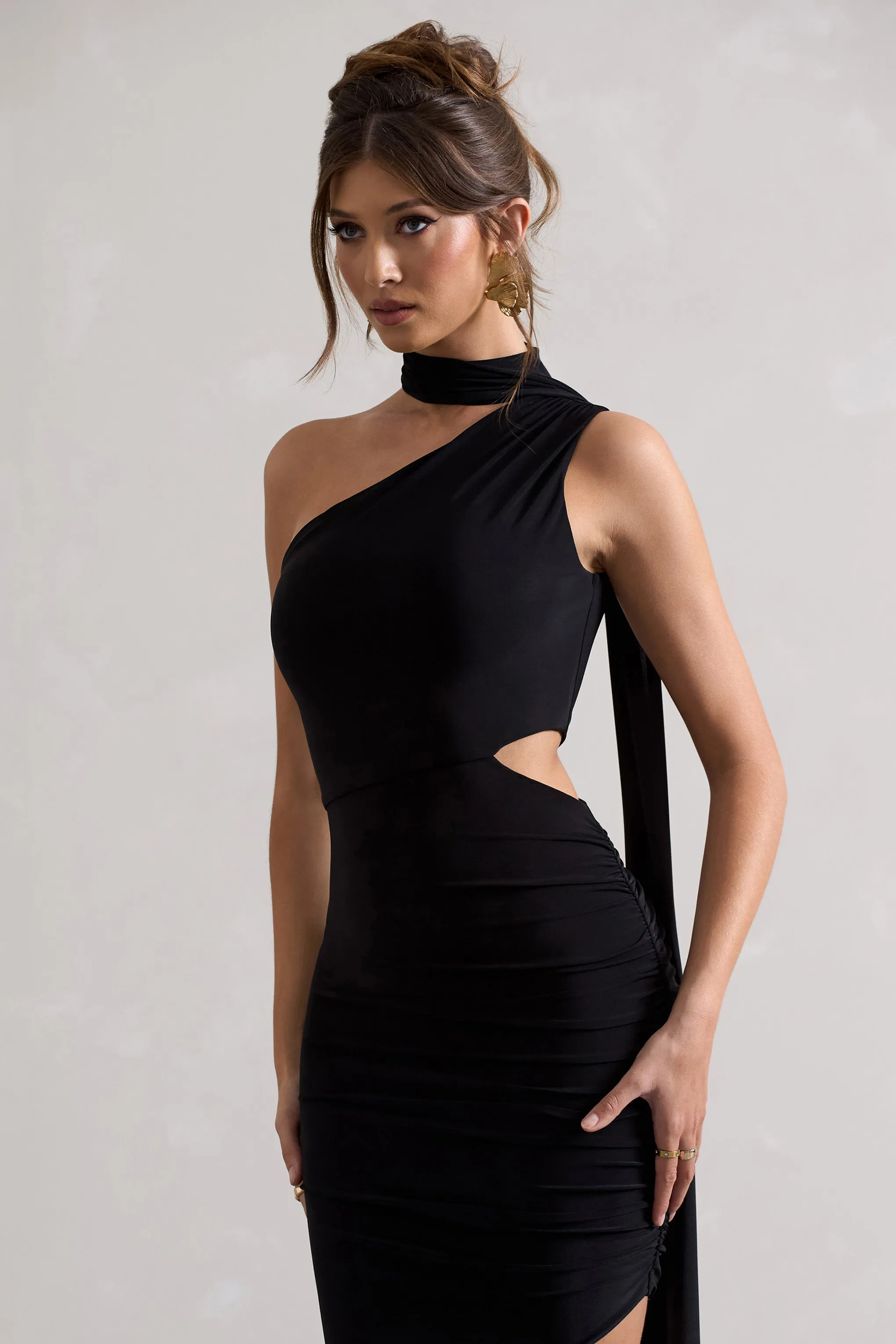 Icon | Robe longue noire asymétrique à découpe et écharpe