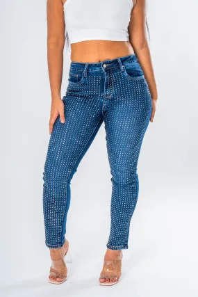 Jean brut à strass carrés bleu