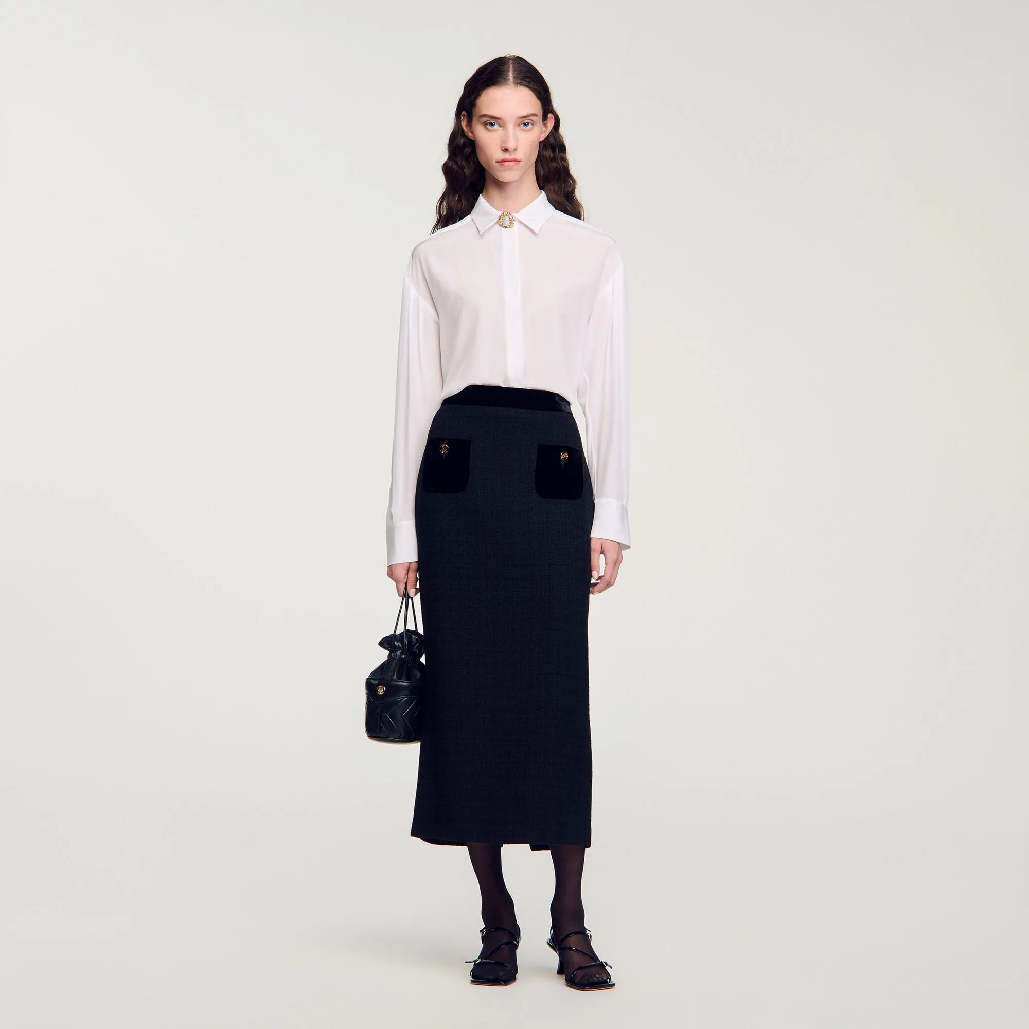 Jupe longue en tweed et velours