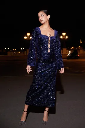 Jupe midi en velours à cristaux - bleu palace