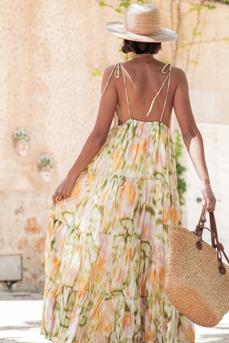 LISE Verte Robe Longue Femme bretelles à nouer soie