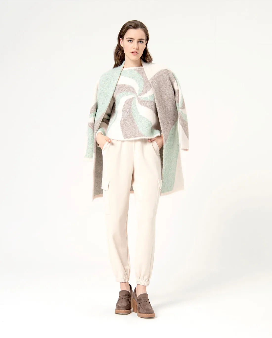 Long cardigan en jacquard tricoté Écru