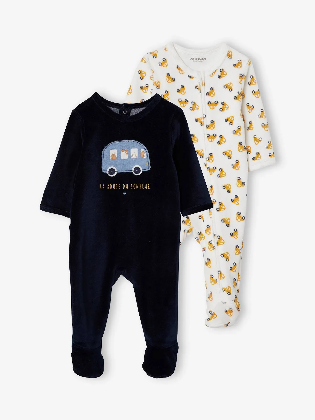 Lot de 2 pyjamas "en voiture" en velours bébé garçon ouverture zippée lot encre - Vertbaudet