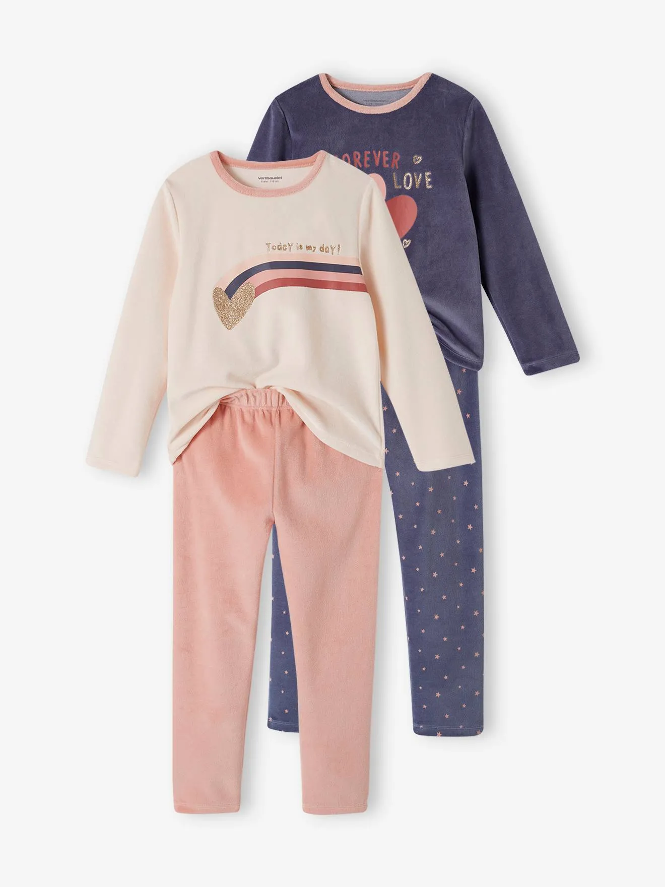 Lot de 2 pyjamas "love" en velours fille vieux rose - Vertbaudet