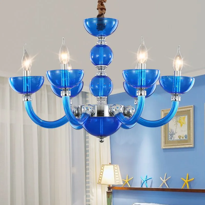 Lustre en fer verre bleu 6 lumières pour salon chambre