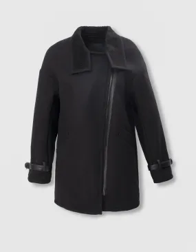 Manteau en mix laine noir col destrutcuré faux cuir femme