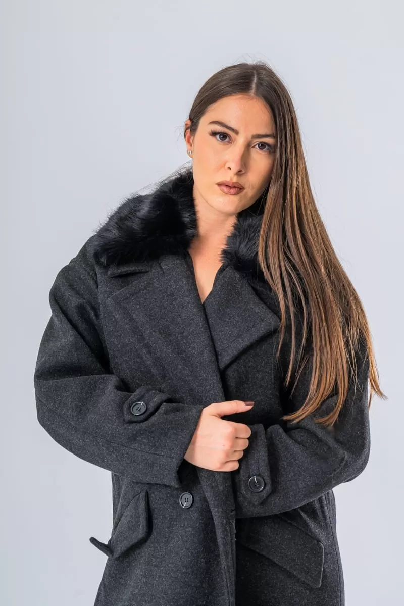 Manteau long col amovible fausse fourrure noir
