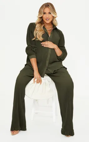 Maternité Pantalon de grossesse large vert olive foncé plissé