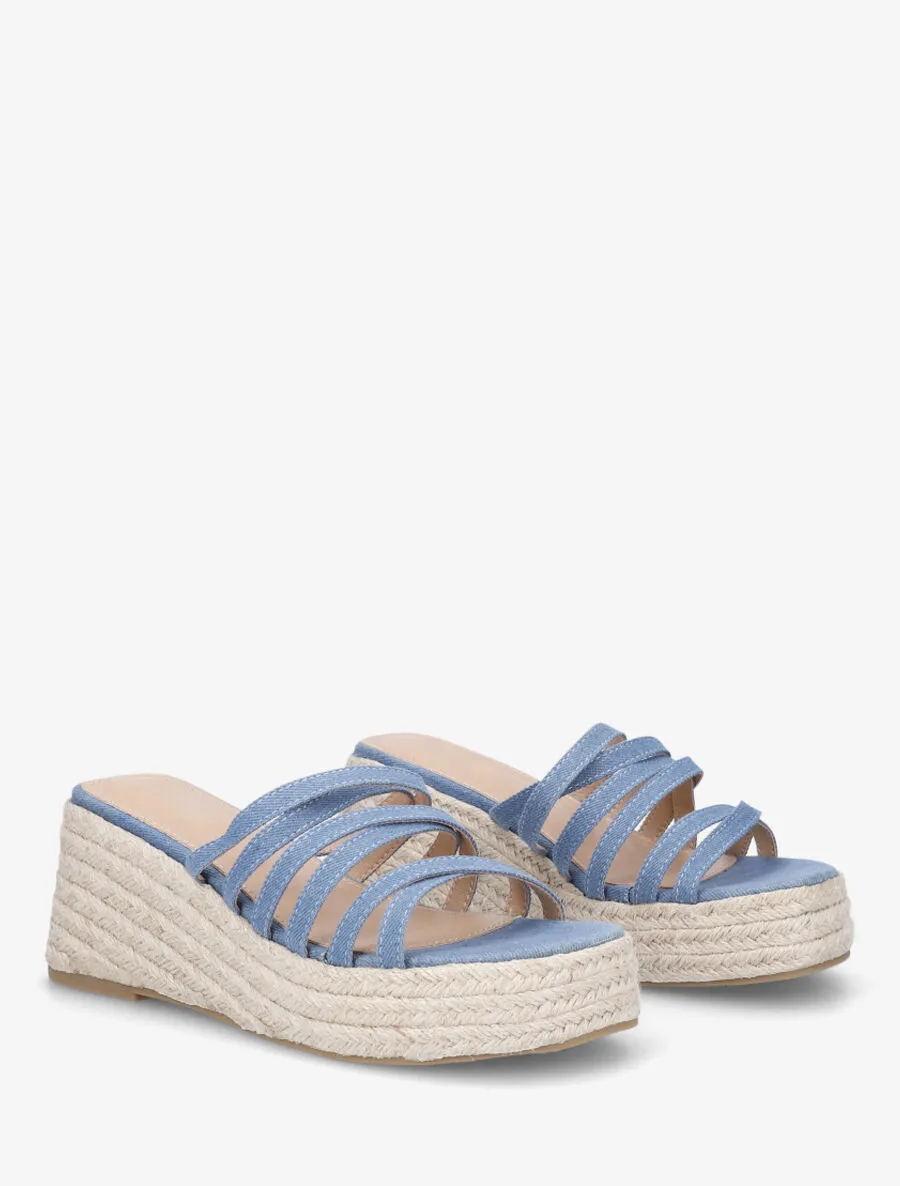Mules compensées multibrides en toile - Bleu denim