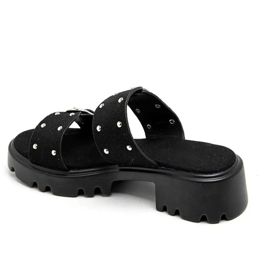 Mules en toile à talon double boucle Noir