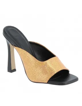 mules hauts talons de forme ouvert devant cuir texturisé doré irisé 11 cm
