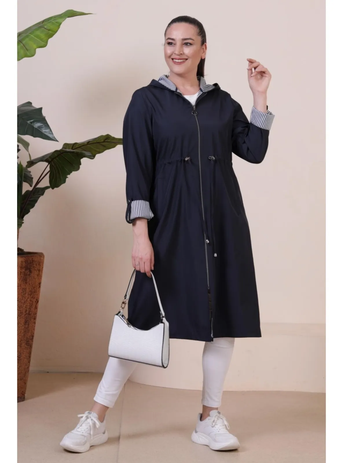 Navy Blue - Unlined - - Plus Size Trench coat