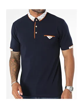 Navy short-sleeved polo shirt.