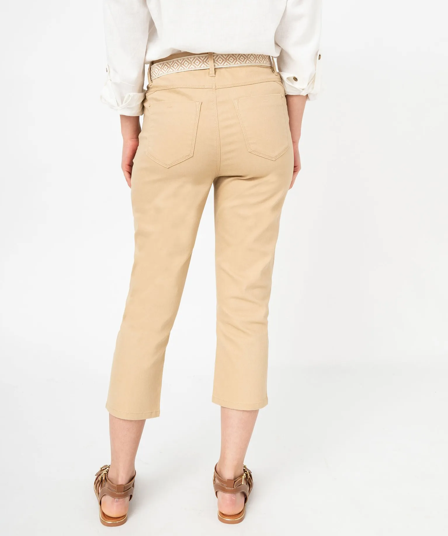 pantacourt slim taille haute en coton stretch avec ceinture a nouer femme beige pantacourts