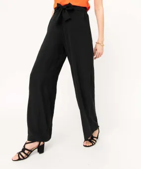 pantalon femme en crepe fluide a ceinture elastique et brides a nouer noir pantalons