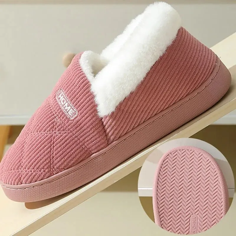 Pantoufle Hiver Rose Antidérapante en Toile et Peluche