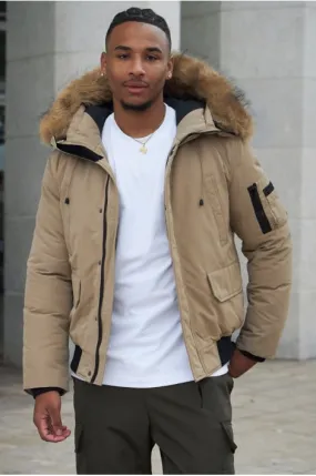 Parka bi-matière beige à capuche en fourrure