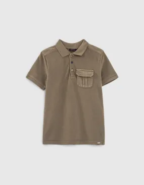 Dark Khaki Organic Boy's Polo with Embroidered Typography Back