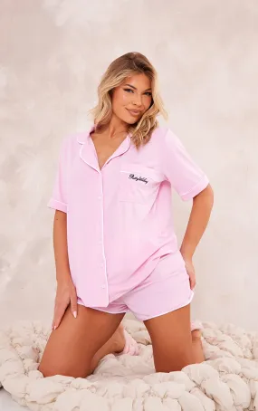 PRETTYLITTLETHING Ensemble de pyjama en jersey brodé rose à short détail liseré