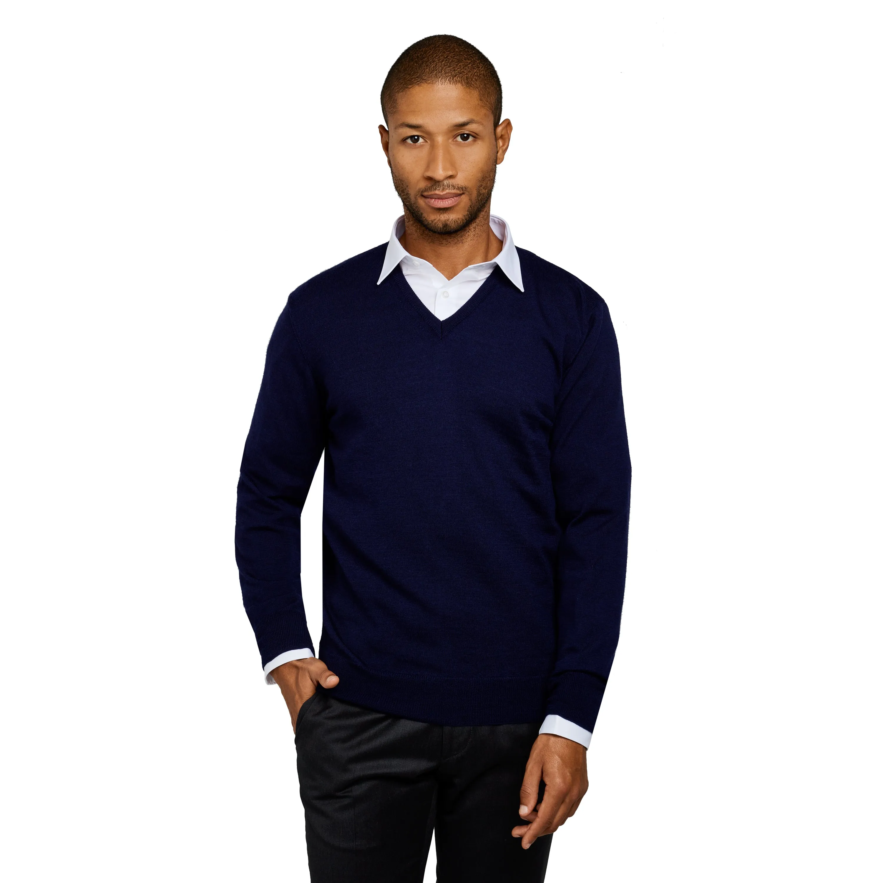 Pull col v 100% pure laine Mérinos marine