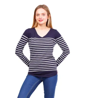 Pull femme de style marin - Pull col en V - Manches longues - Rayé blanc