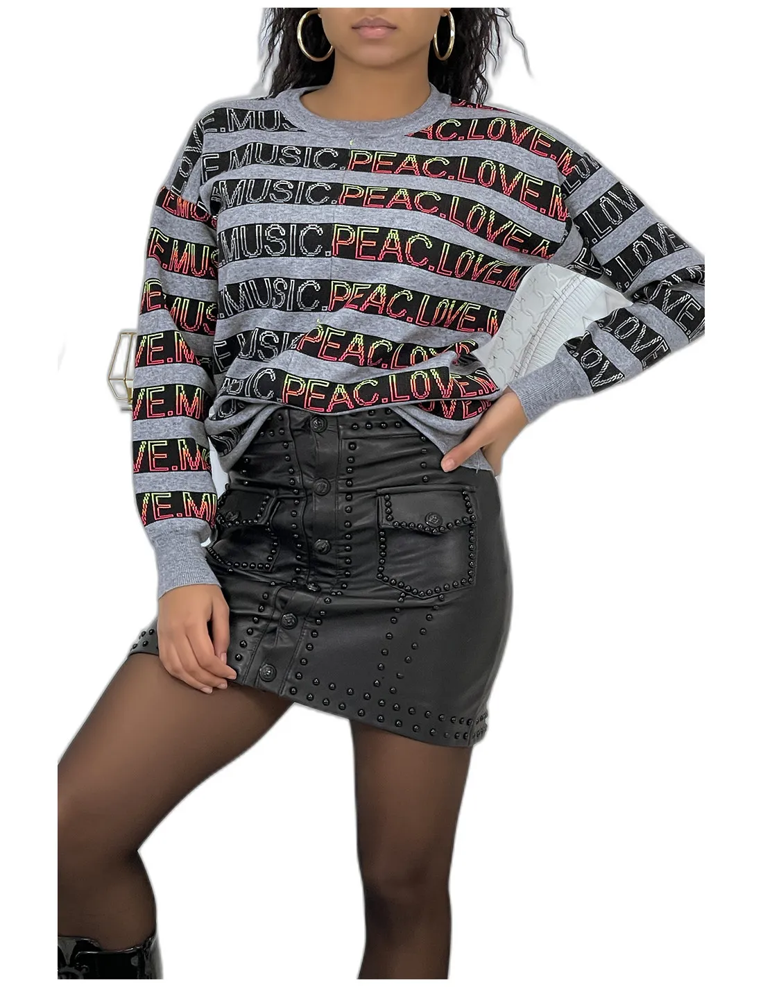 Pull gris à rayures et écritures Music Peach Love col rond et manches longues