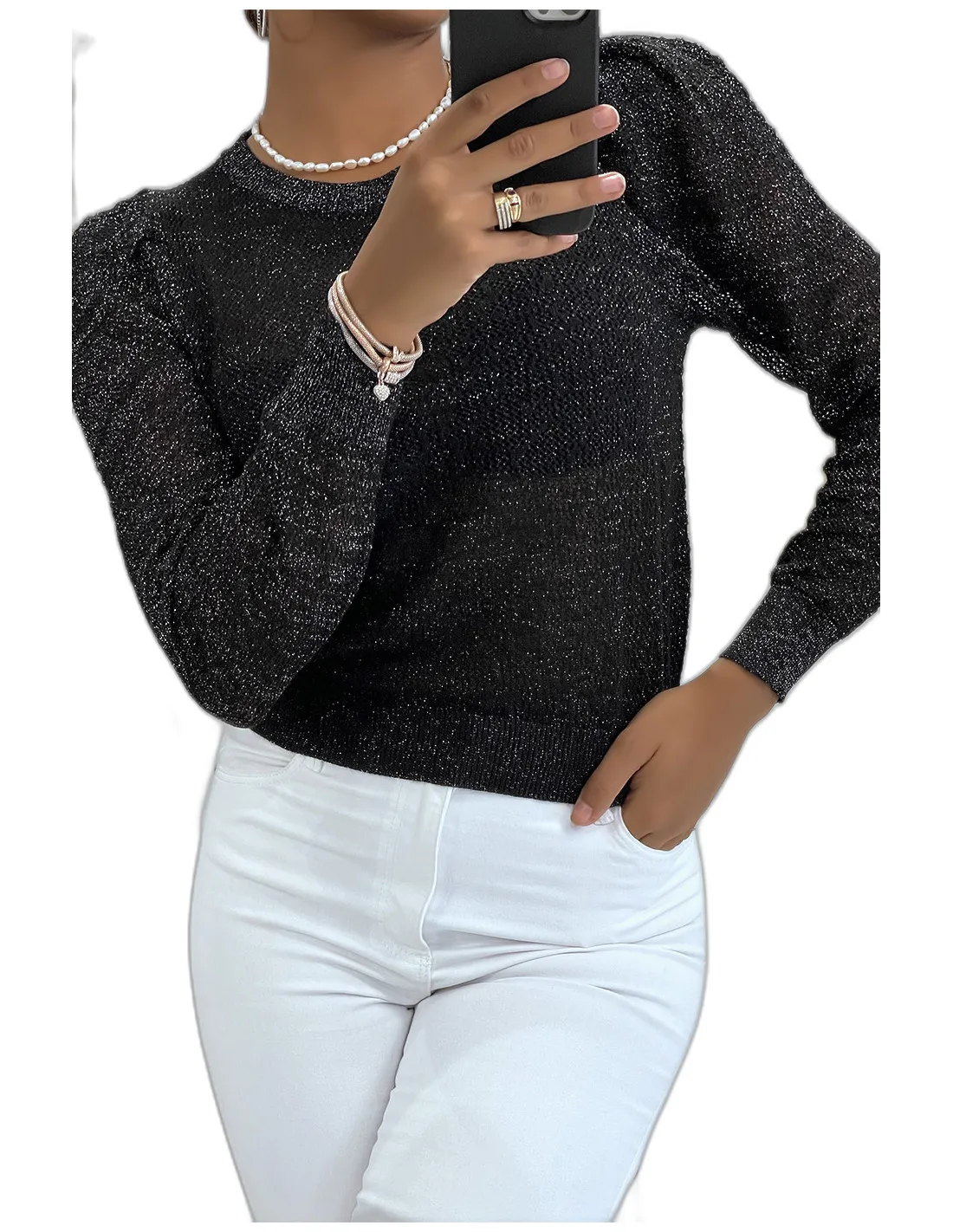 Pull jacquard noir fil doré