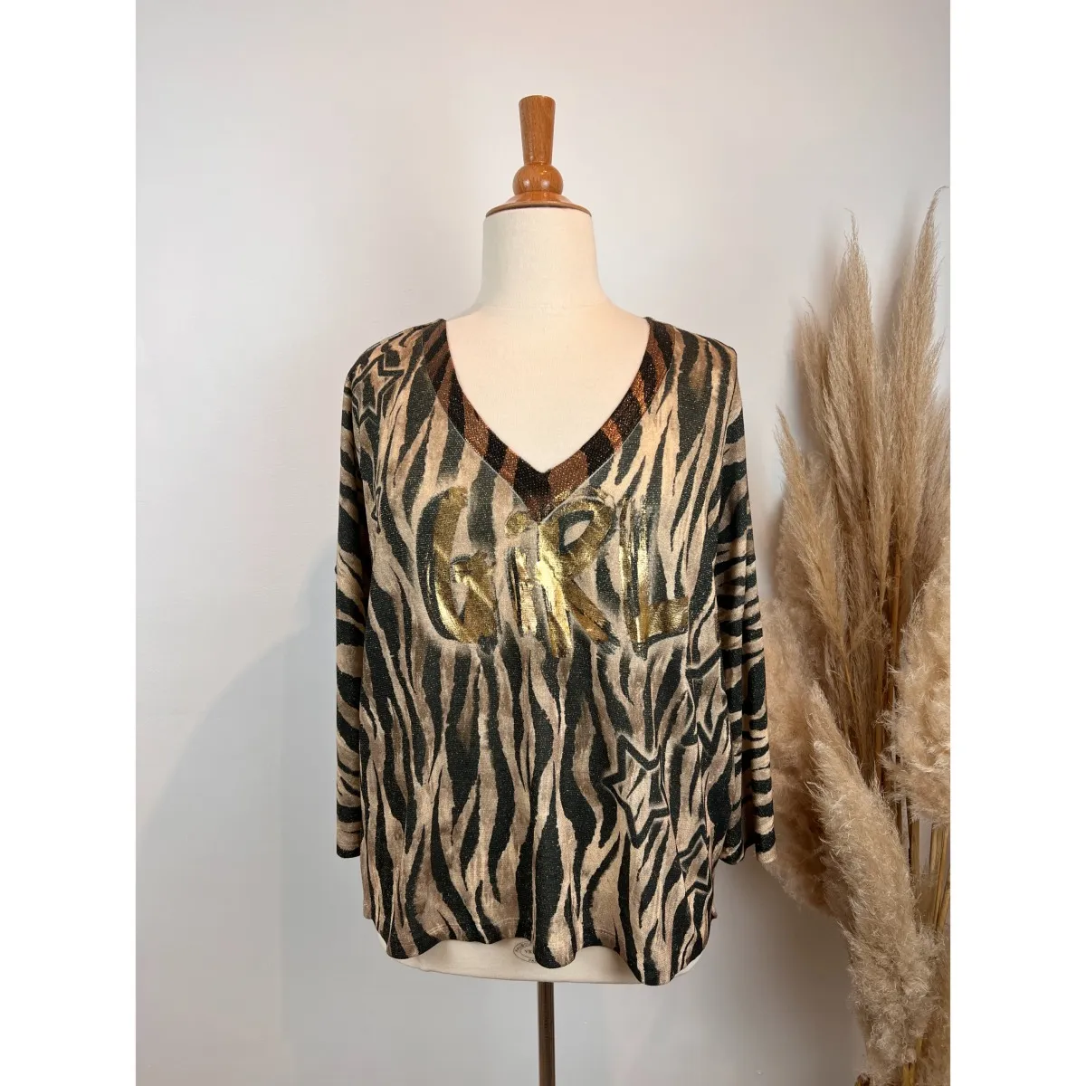 Pull manches longues en mailles lurex imprimées girl zèbre léopard bouche grande taille