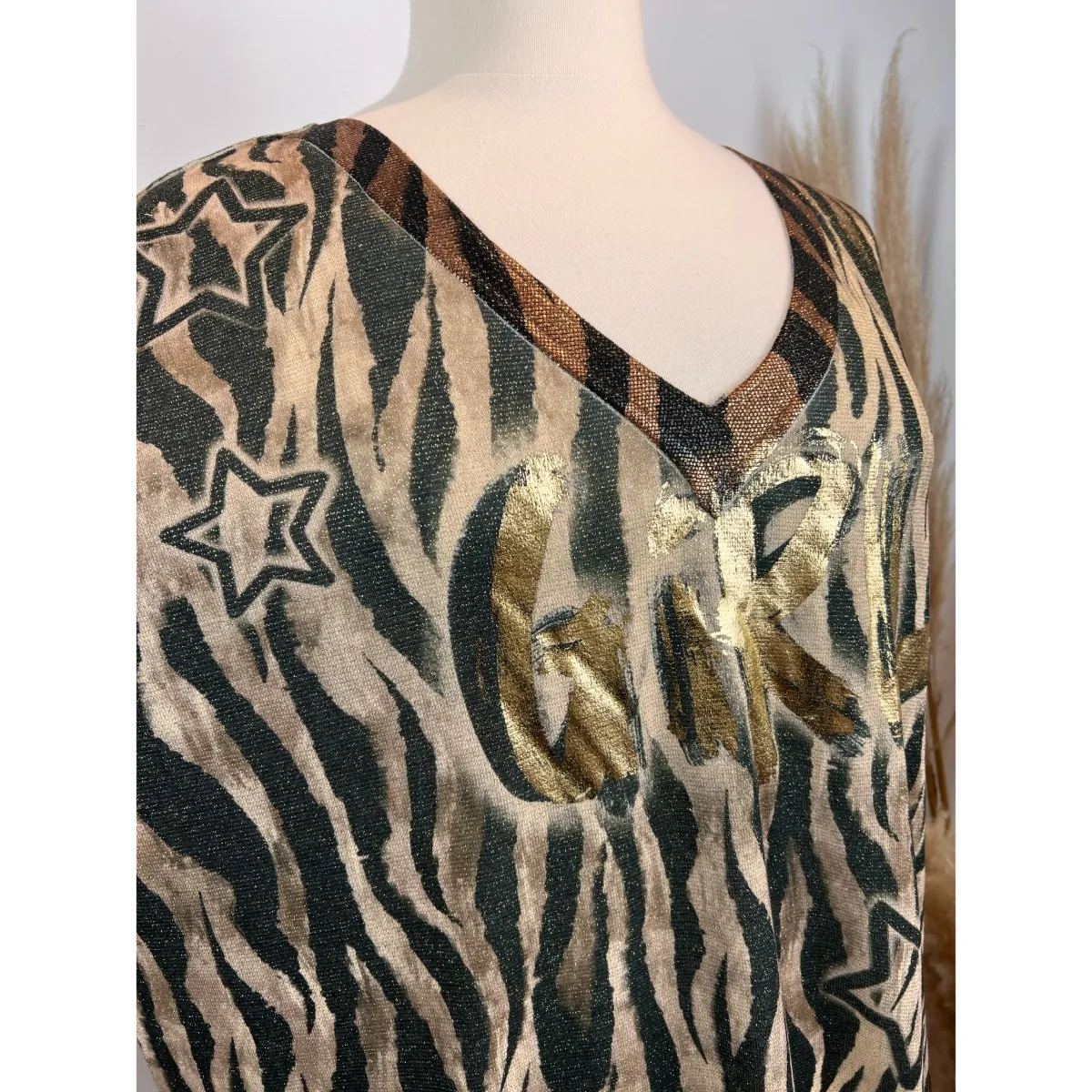 Pull manches longues en mailles lurex imprimées girl zèbre léopard bouche grande taille