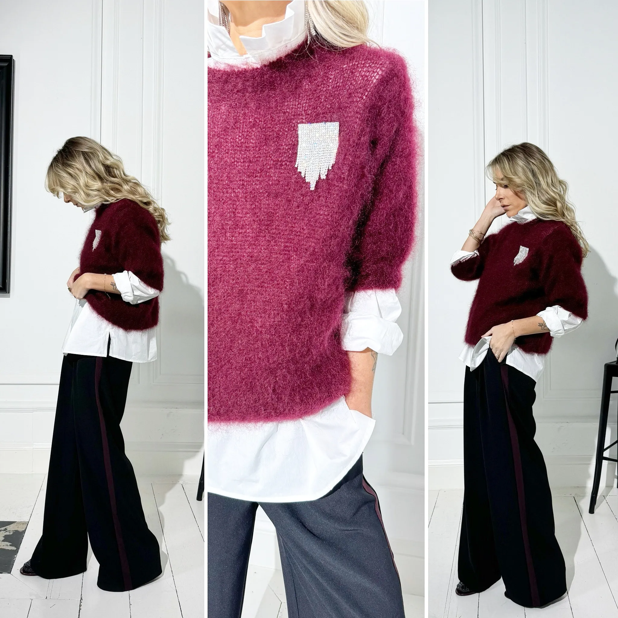 Pull mohair prune manches 3/4