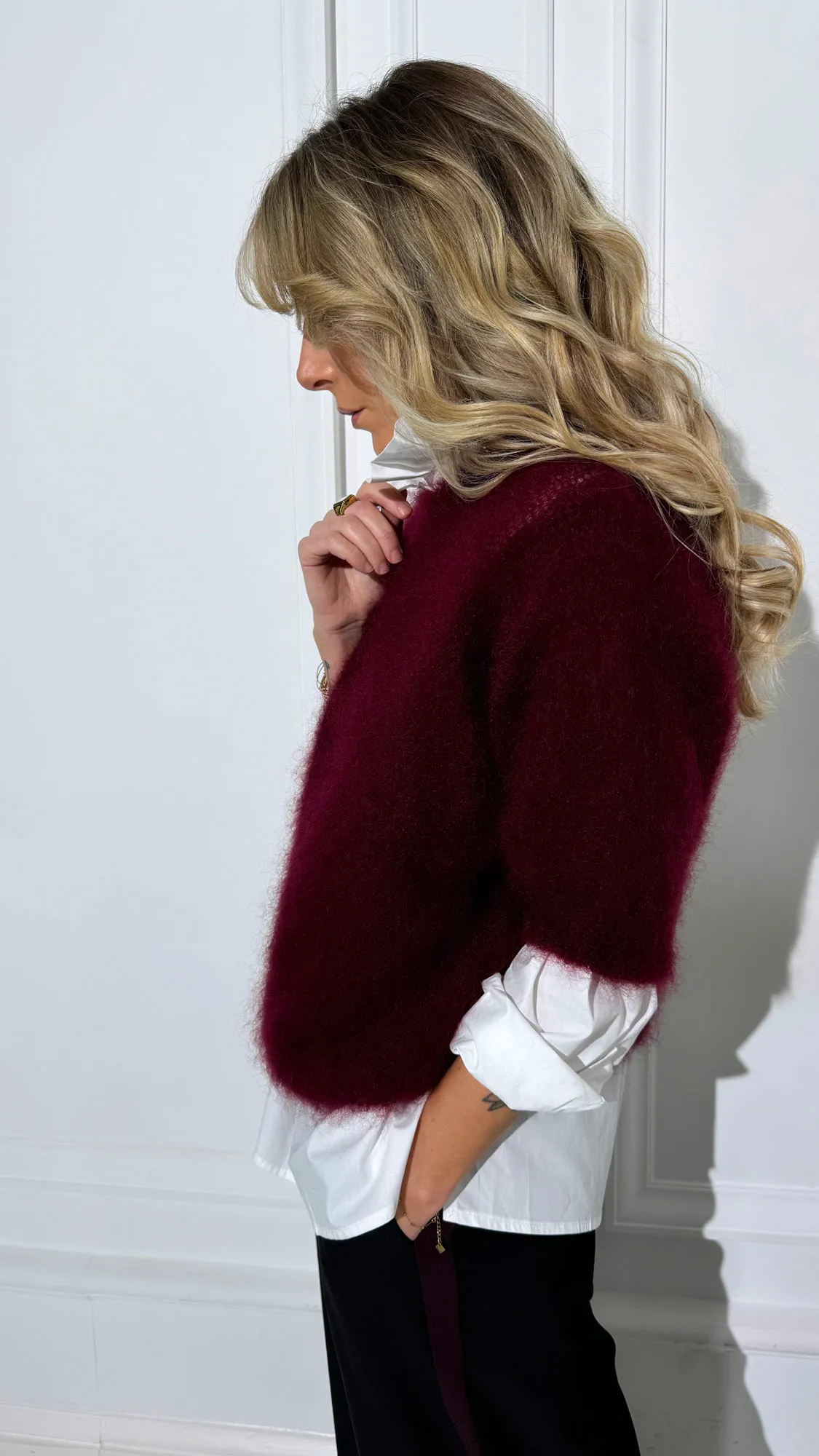 Pull mohair prune manches 3/4