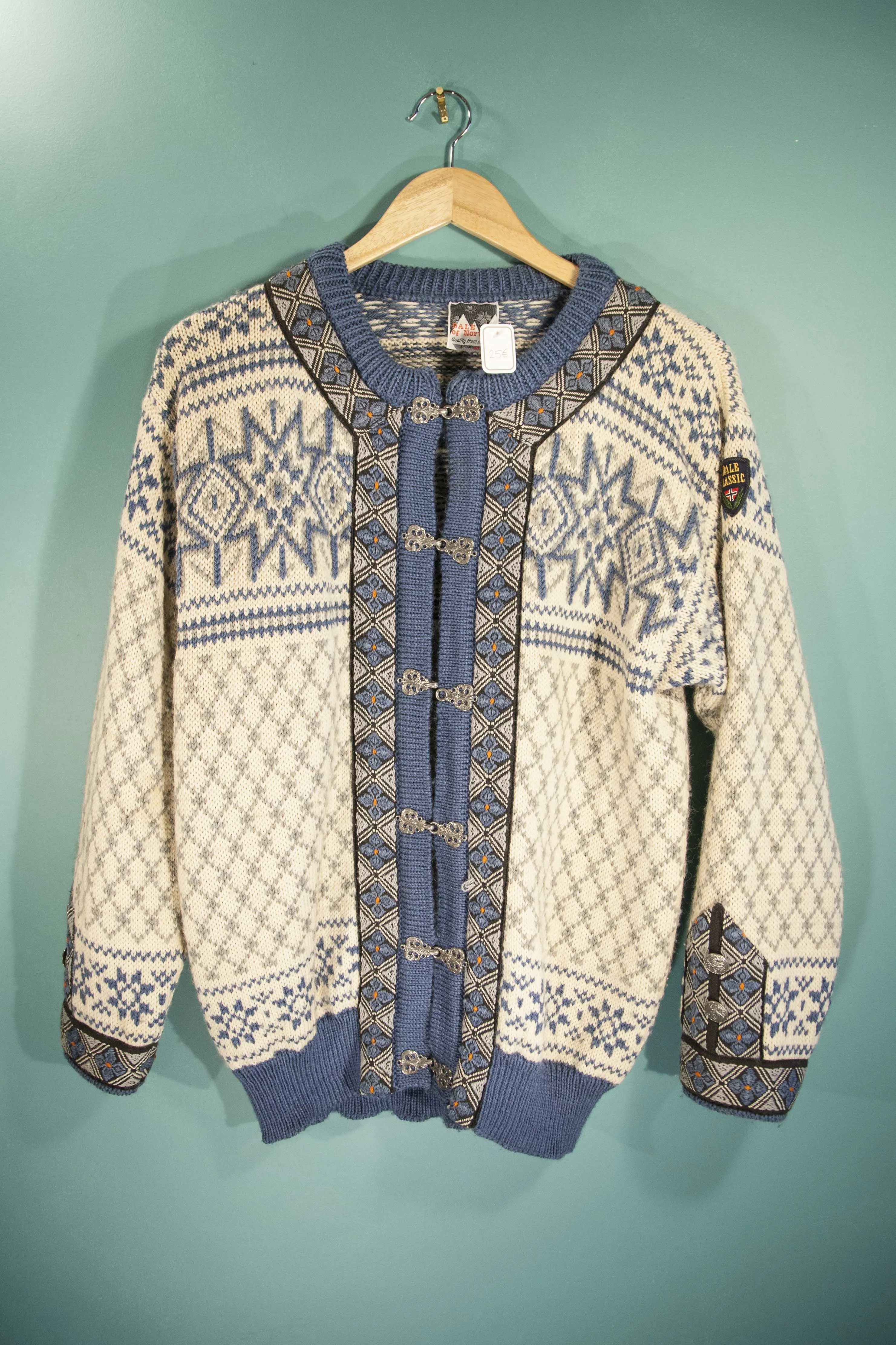 Pull norvégien bleu et blanc vintage