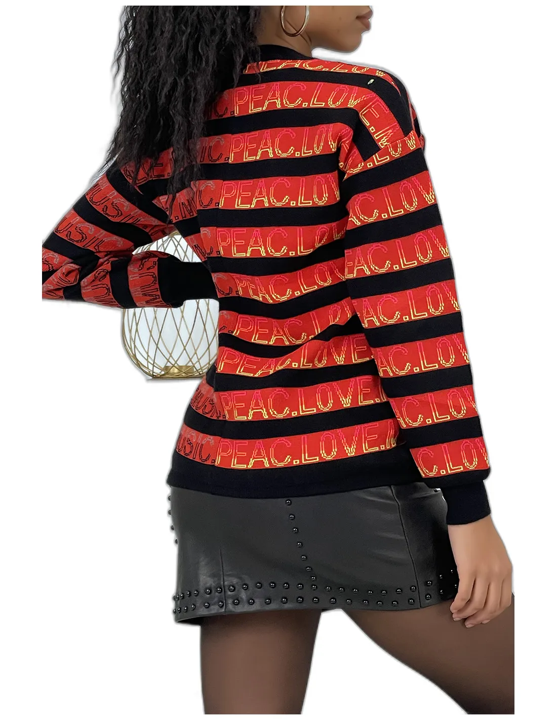 Pull rouge à rayures et écritures Music Peach Love col rond et manches longues