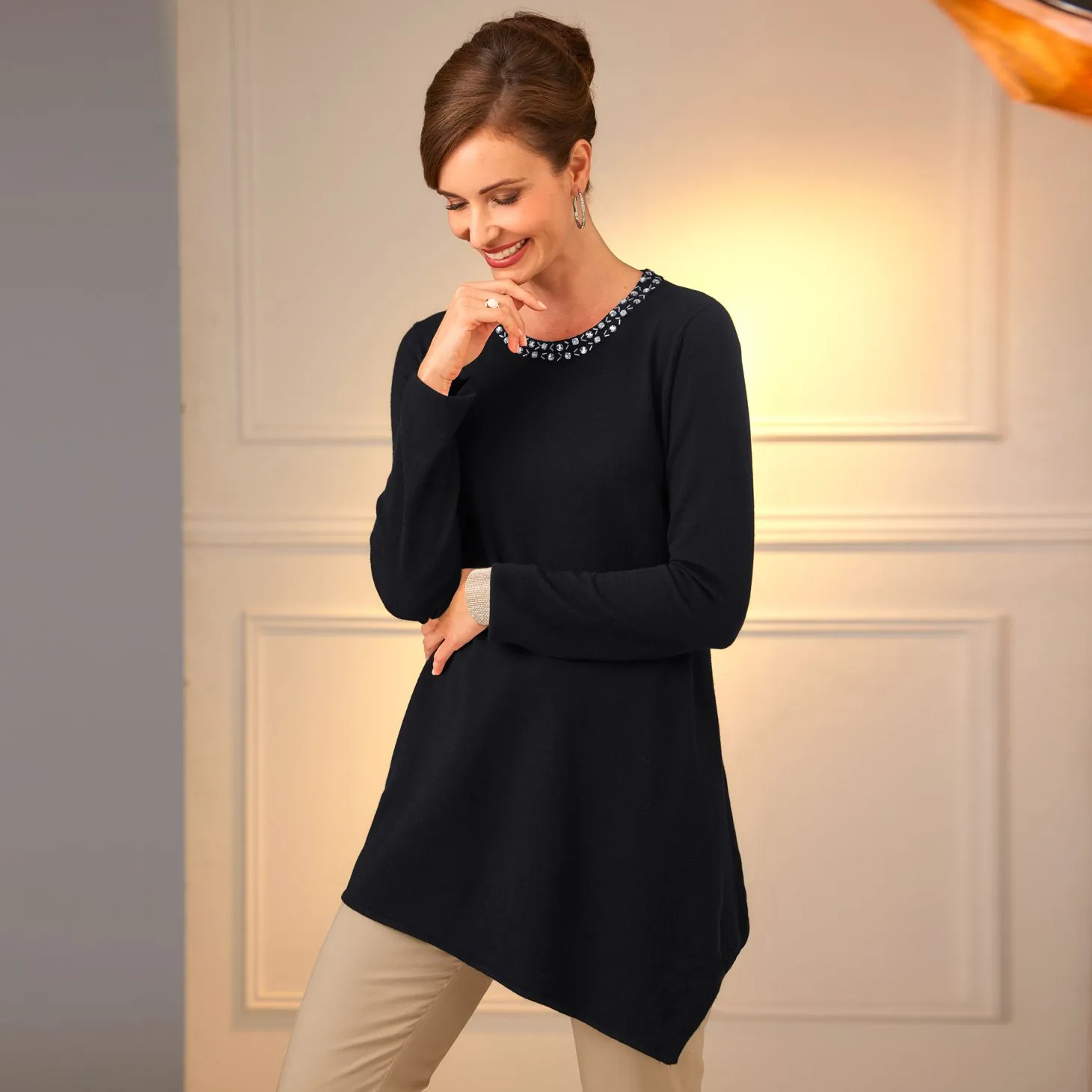 Pull-tunique encolure strass