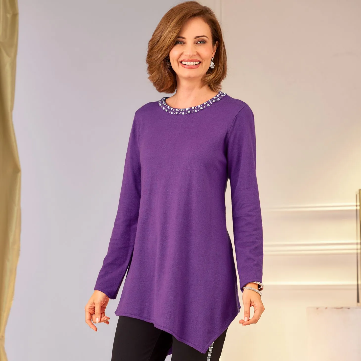 Pull-tunique encolure strass