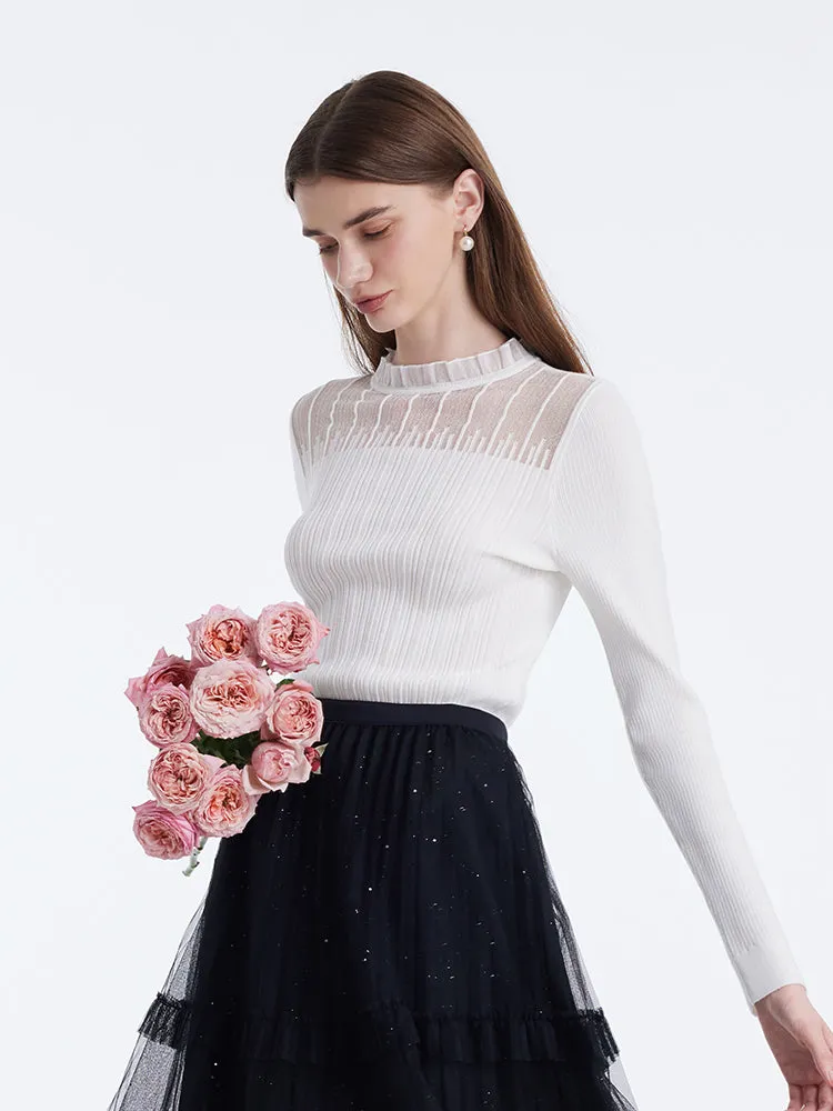 Pull à volants en dentelle et laine Tencel