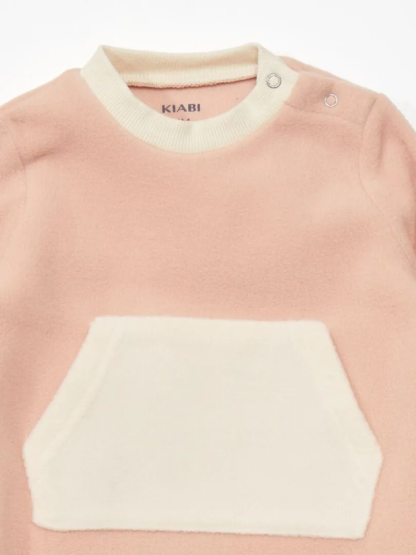 Pyjama bicolore en polaire avec poche kangourou - Rose/blanc