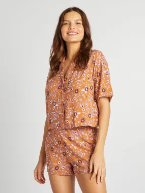 Pyjama chemisier + short - imprimé fleuri - Marron