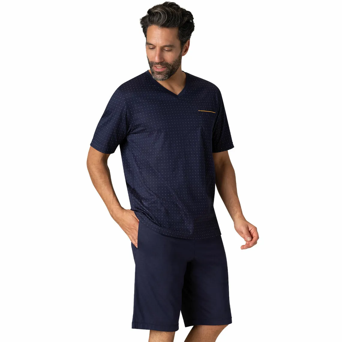 Pyjama court col V homme Mercerisé bleu en coton Eminence - Pyjama court Homme sur MenCorner