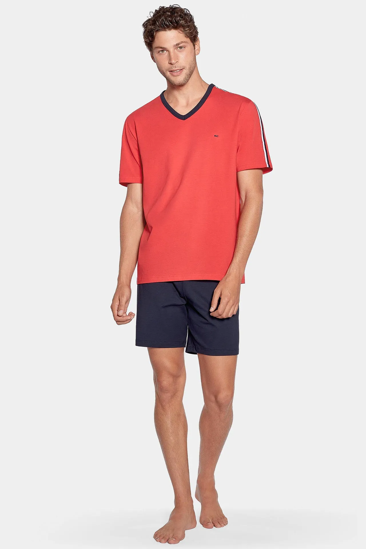 Pyjama court rouge à détails tricolores en jersey coton
