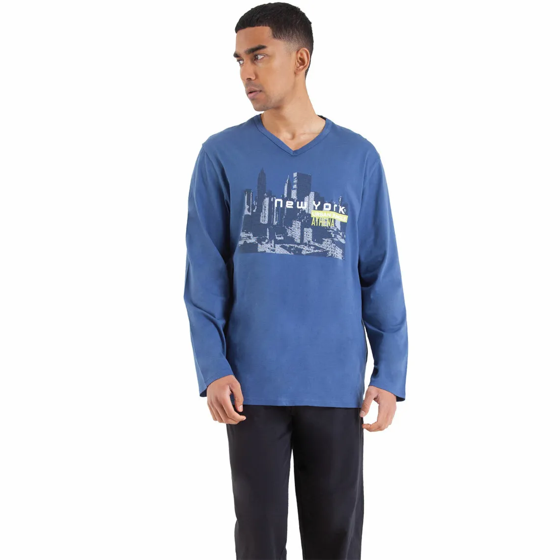 Pyjama long col V homme Nightwear Gris Manches longues en coton Athéna - Pyjama & Peignoir Homme sur MenCorner