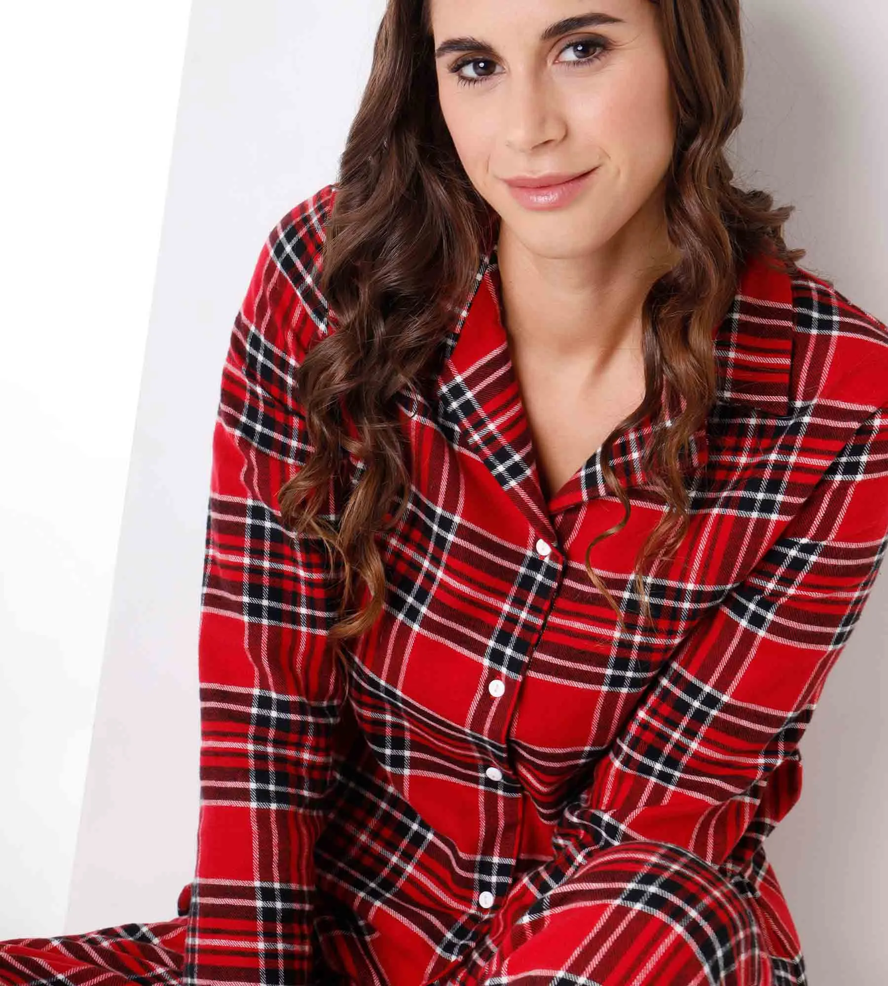 Pyjama long femme en flanelle, tartan rouge