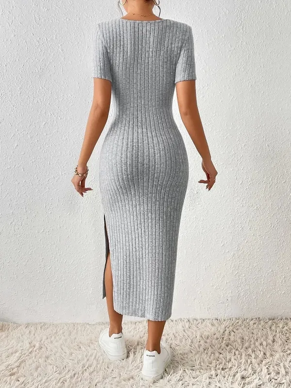 Robe d'été à col carré pour femme, jupe mi-longue couvrant les hanches, manches courtes, robe fendue en tricot polyvalente,